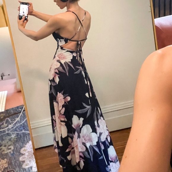 Dreamy, Dark Floral Surplice Maxi w/ Adjustable Crisscross Low Back - Picture 4 of 10